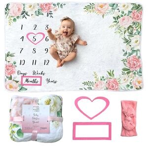 Floral Baby Milestone Blanket with Wooden Rainbow Milestone Discs